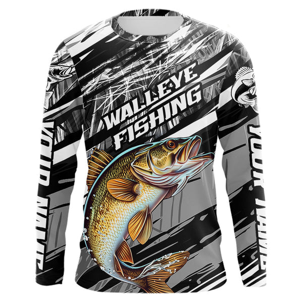 Maxcorners Custom Gray Grass Camo Walleye Fishing Long Sleeve Tournament Fishing Shirts, Fishing Gifts MT2108