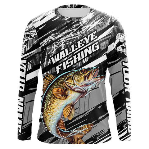 Maxcorners Custom Gray Grass Camo Walleye Fishing Long Sleeve Tournament Fishing Shirts, Fishing Gifts MT2108