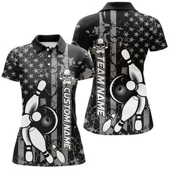 Maxcorners American Flag Black And White Custom Bowling Polo Shirts For Women, Patriotic Bowling Team Jerseys