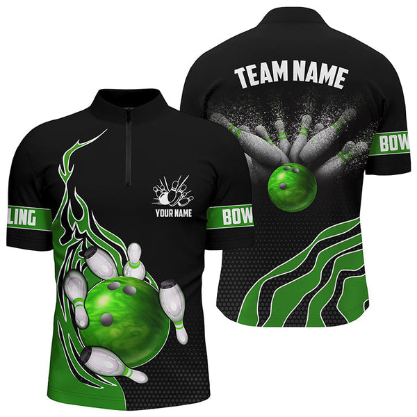 MaxCorners Bowling And Pins Green Flame Pro Sport Jersey Customized Name, Team Name 3D Stand Collar Zipper Polo Shirt For Men