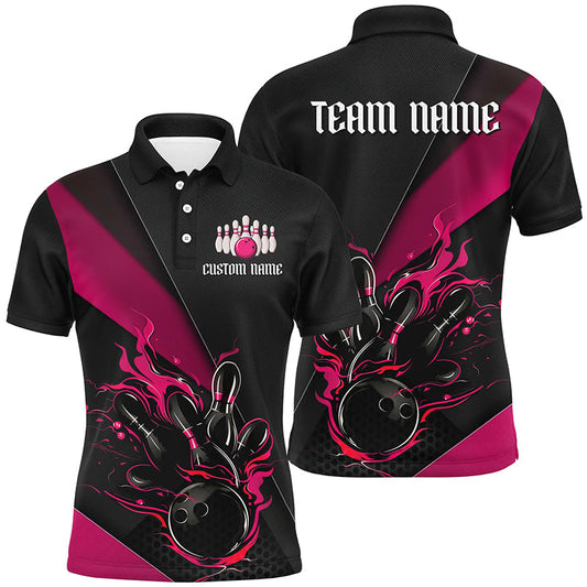 Maxcorners Custom Name Fire Flame Bowling Team Shirts For Men, Women And Kids | Pink LM0503