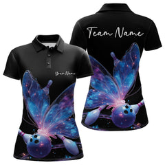 Maxcorners Custom Blue Galaxy Butterfly Bowling Women Polo Shirts, Ladies Bowling Team Outfit LM1112