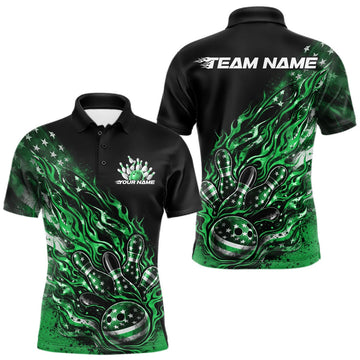 Maxcorners Custom Patriotic Green Flame Bowling Shirts, US Flag Bowling Team Jerseys Freedom 4Th Of July Bowling Shirt LM1501