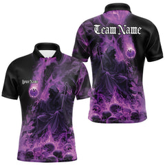 Maxcorners Custom Purple Flame Skull Bowling Polo Shirts, Purple Smoke Bowling Hallween  MT1007