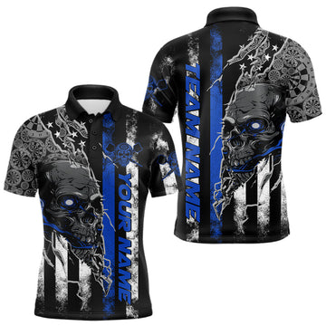 Maxcorners Custom Blue Line American Flag Patriotic Skull Dart Men Polo Shirts, Halloween Dart Outfit LM1903