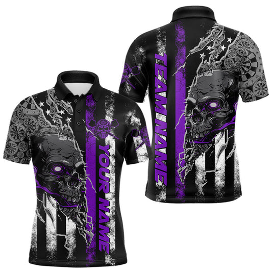 Maxcorners Custom Purple Line American Flag Patriotic Skull Dart Men Polo Shirts, Halloween Dart Outfit LM1903