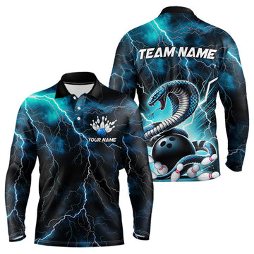 Maxcorners Blue Thunder Lightning Custom Cobra Snake Bowling Men Long Sleeve Polo Shirts, Bowling Team Shirt LM1903