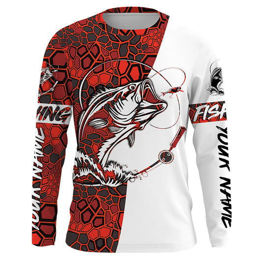 Maxcorners Largemouth Bass Fishing Custom Long Sleeve Shirts, Bass Tournament Fishing Jerseys | Red Camo LM0201