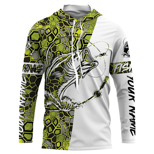 Maxcorners Largemouth Bass Fishing Custom Long Sleeve Shirts, Bass Tournament Fishing Jerseys | Green Camo LM0201