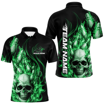 Maxcorners Custom Multi Styles Green Flame Skull Halloween Bowling Team Shirts, Bowling Tournament Shirt Bowling Jersey LM1501