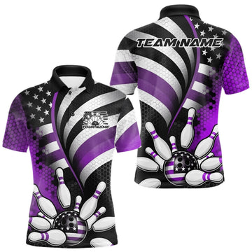 Maxcorners Custom Black And Purple US Flag Patriotic Bowling Shirts, Freedom Bowling Team League Shirt Bowler Jerseys LM1501