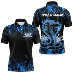 Maxcorners Custom Black And Blue Flame Cobra Snake Bowling Polo Shirts For Men, Bowling Team Uniform LM1102