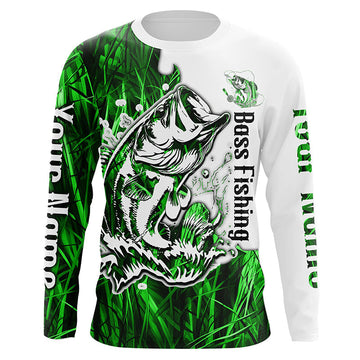 Maxcorners Custom Largemouth Bass Fishing Long Sleeve Tournament Shirts, Bass Fishing League Shirt | Green Camo LM0201
