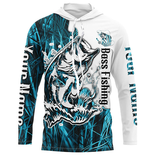 Maxcorners Custom Largemouth Bass Fishing Long Sleeve Tournament Shirts, Bass Fishing League Shirt | Blue Camo LM0201