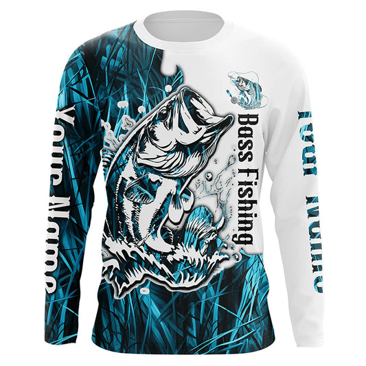 Maxcorners Custom Largemouth Bass Fishing Long Sleeve Tournament Shirts, Bass Fishing League Shirt | Blue Camo LM2408