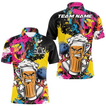 Maxcorners Custom Colorful Paint Splatter Funny Bowling Beer Men Polo Shirt, Bowling Jersey