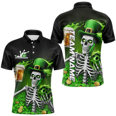 Maxcorners Custom Green St Patricks Day Funny Skull Drink Beer Bowling Polo & Quarter Zip Shirts For Men And Women