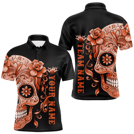 Maxcorners Orange Sugar Skull Tattoo Custom Men Bowling Polo Shirt, Halloween Team Bowling Jerseys LM2602