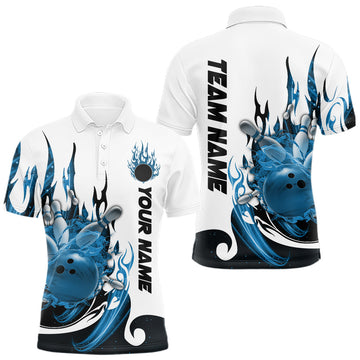 Maxcorners Custom Blue Flame Bowling Team Jerseys, Bowling League Polo Shirt For Men LM2602
