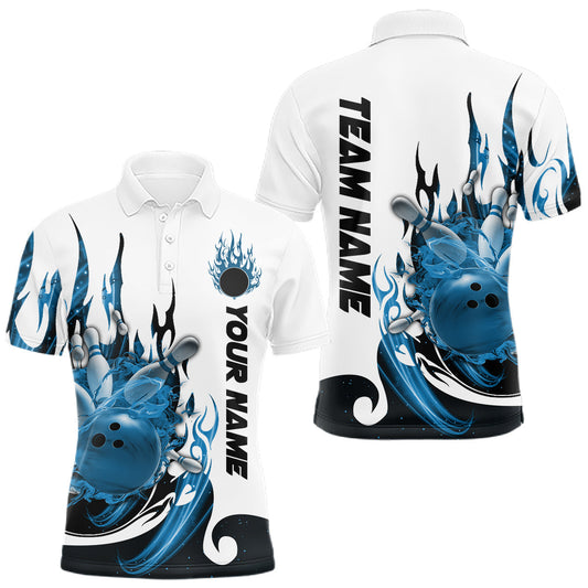 Maxcorners Custom Blue Flame Bowling Team Jerseys, Bowling League Polo Shirt For Men LM2602
