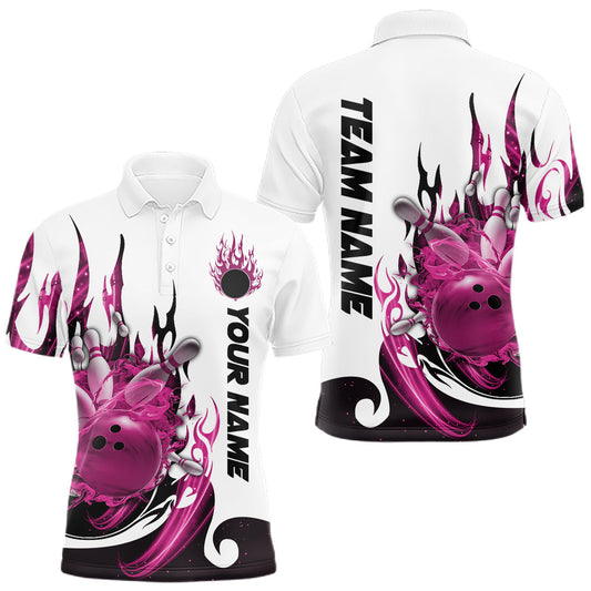 Maxcorners Custom Pink Flame Bowling Team Jerseys, Bowling League Polo Shirt For Men LM2602