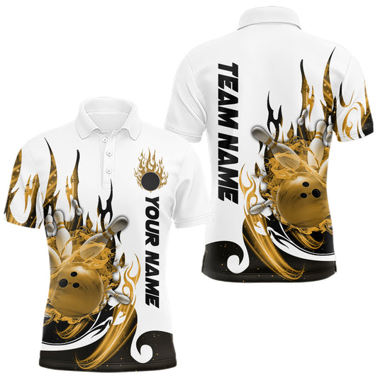 Maxcorners Custom Yellow Flame Bowling Team Jerseys, Bowling League Polo Shirt For Men LM2602