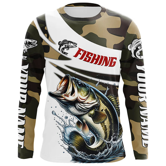 Maxcorners Custom Bass Long Sleeve Fishing Shirts, Personalized Bass Fishing Jerseys Camouflage LM0201