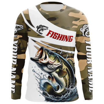 Maxcorners Custom Bass Long Sleeve Fishing Shirts, Personalized Bass Fishing Jerseys Camouflage LM0201