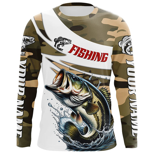 Maxcorners Custom Bass Long Sleeve Fishing Shirts, Personalized Bass Fishing Jerseys Camouflage LM0201