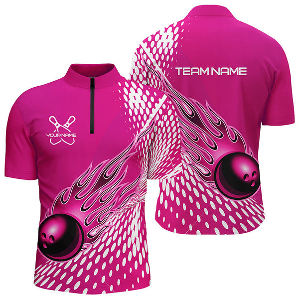 MaxCorners Bowling Ball And Pins Ball Flame Customized Name, Team Name 3D Stand Collar Zipper Polo Shirt