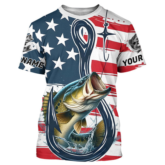 Maxcorners Us Flag Fish Hook Custom Patriotic Largemouth Bass Long Sleeve Fishing Shirts, Bass Fishing Jersey