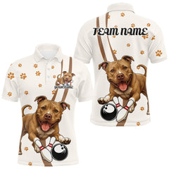 Maxcorners Custom Funny Brown Pitbull Dog Bowling Men Polo Shirts, Dog Paw Print Bowler Outfit