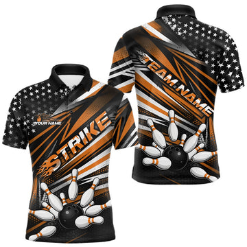 Maxcorners Custom Black And Orange US Flag Patriotic Strike Bowling Team Shirt, Freedom Bowling League Shirt Bowler Jersey LM1501