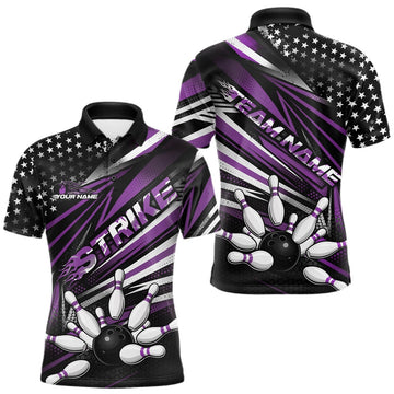 Maxcorners Custom Black And Purple US Flag Patriotic Strike Bowling Team Shirt, Freedom Bowling League Shirt Bowler Jersey LM1501