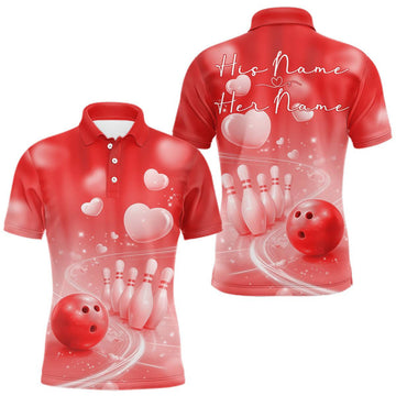 Maxcorners Custom Red Valentine Bowling Couple Shirts, Red Heart Theme Bowling Jerseys With His Name And Her Name LM1501