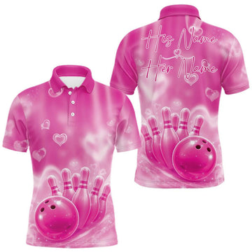 Maxcorners Custom Pink Valentine Bowling Couple Shirts, Pink Heart Theme Bowling Jerseys With His Name And Her Name LM1501