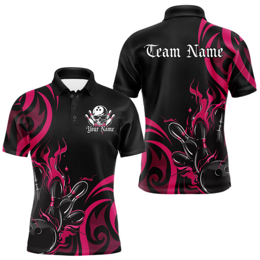 Maxcorners Custom Black And Pink Tribal Flame Bowling Men Shirts, Bowling League Shirt Team Jerseys LM2602