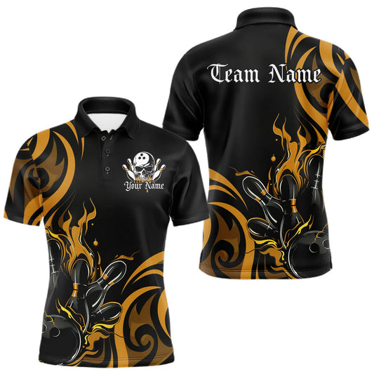 Maxcorners Custom Black And Yellow Tribal Flame Bowling Men Shirt, Bowling League Shirt Team Jerseys LM2602