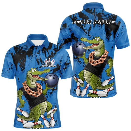 Maxcorners Blue Custom Funny Alligator Bowling Men Polo Shirt, Bowling Team Jerseys Bowler Outfit LM2602