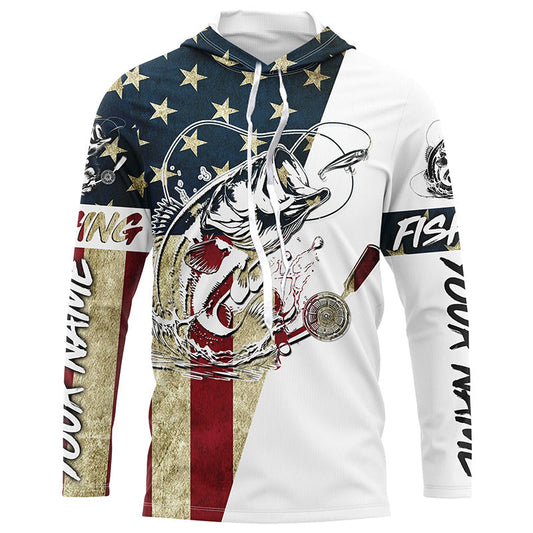 Maxcorners Personalized Vintage American Flag Bass Fishing Long Sleeve Shirts, Patriotic Bass Fishing Jerseys LM0201