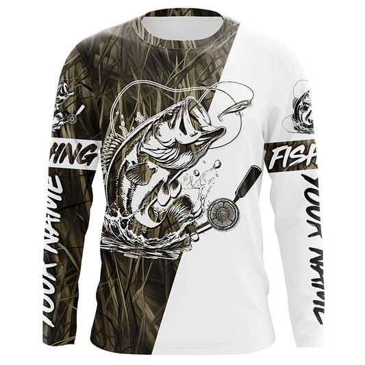 Maxcorners Custom Bass Fishing Tattoo Grass Camo Long Sleeve Tournament Fishing Shirts, Bass Fishing Jerseys LM0201