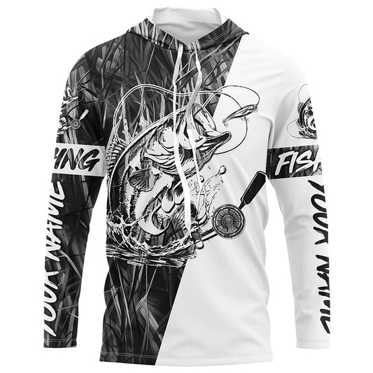 Maxcorners Custom Bass Fishing Tattoo Gray Camo Long Sleeve Tournament Fishing Shirts, Bass Fishing Jerseys LM0201