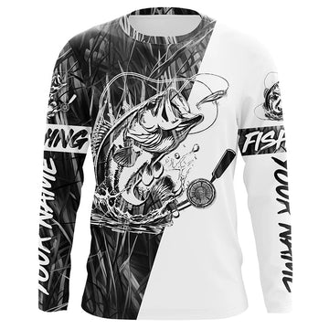 Maxcorners Custom Bass Fishing Tattoo Gray Camo Long Sleeve Tournament Fishing Shirts, Bass Fishing Jerseys LM0201