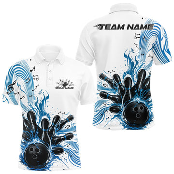 Maxcorners Custom Blue Music Flame Bowling Men Polo Shirt, Bowling League Shirt Bowler Jerseys