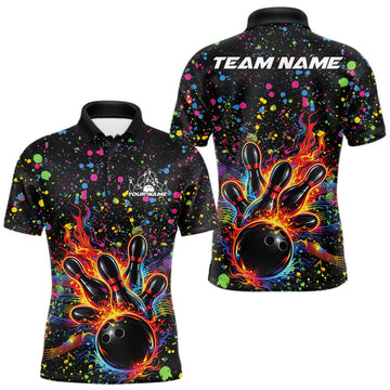 Maxcorners Custom Colorful Splatter Music Flame Bowling Men Polo Shirt, Music Bowling Jerseys
