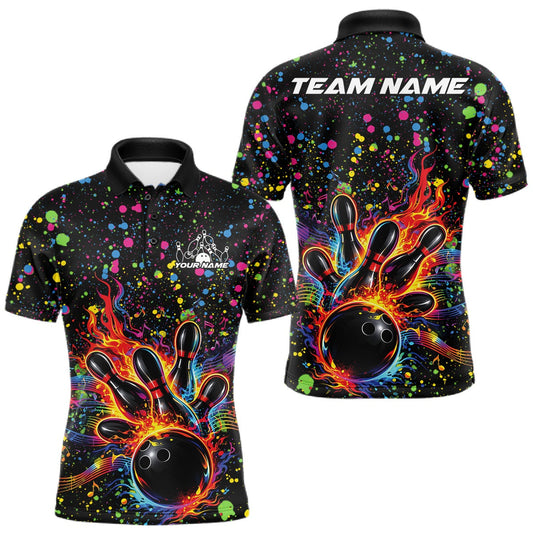 Maxcorners Custom Colorful Splatter Music Flame Bowling Men Polo Shirt, Music Bowling Jerseys