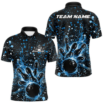 Maxcorners Custom Blue Splatter Music Flame Bowling Men Polo Shirt, Music Bowling Jerseys