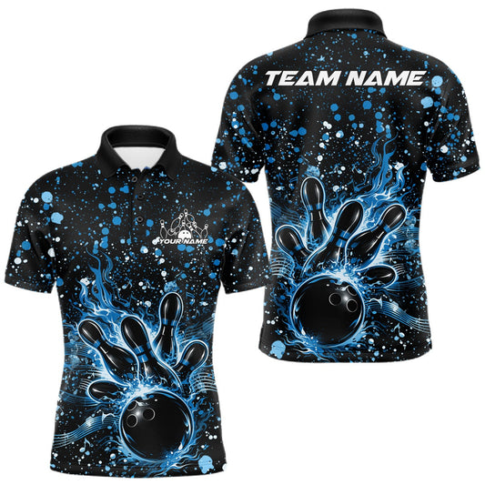 Maxcorners Custom Blue Splatter Music Flame Bowling Men Polo Shirt, Music Bowling Jerseys