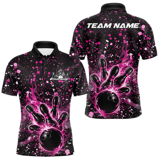 Maxcorners Custom Pink Splatter Music Flame Bowling Men Polo Shirt, Music Bowling Jerseys