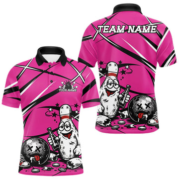 Maxcorners Pink Custom Funny Drunk Bowling Ball And Pins Bowling Shirts For Men, Women And Kid, Bowling And Beer Jersey
